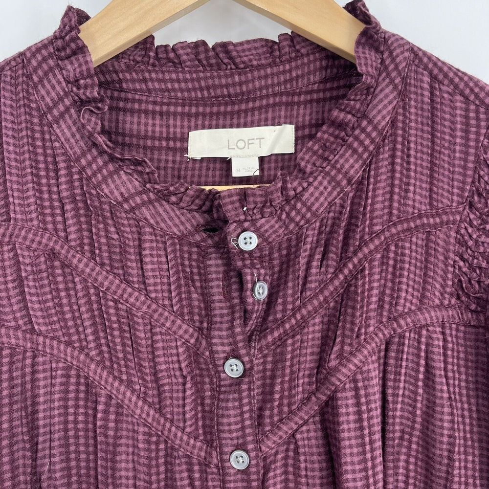 LOFT Dress Size Medium Maroon Check Ruffle Prairie Pleated Button Drop Waist - Picture 4 of 8